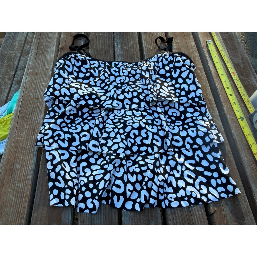 Azul Womens Tiered Ruffle Tankini Swim Top Black White Leopard Print Size 16